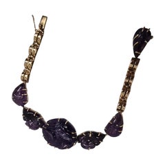 Vintage 14K Carved Amethyst Botanical Bracelet — Hand-Carved Gemstone Art