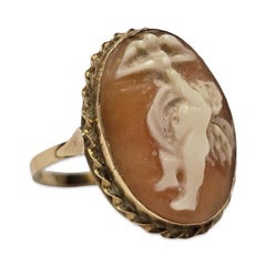 Vintage 14K Carved Cherub Shell Cameo Ring, Oval Statement Setting