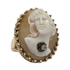 Vintage 14K Carved Shell Cameo Ring with Diamond Accent, Sculptural Setting