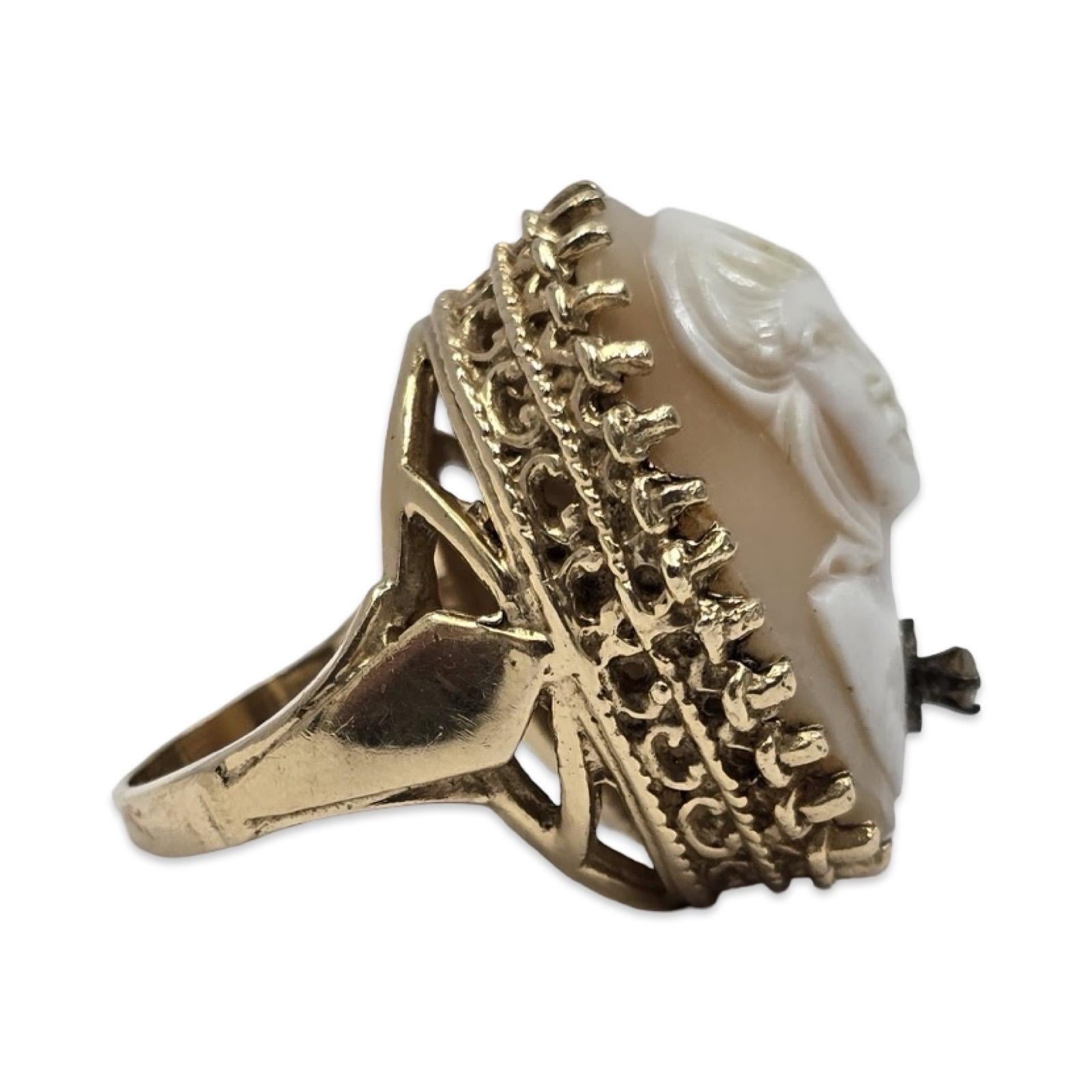 Vintage 14K geschnitzt Shell Cameo Ring mit Diamant-Akzent, skulpturale Einstellung Damen im Angebot