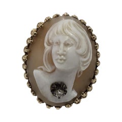 Vintage 14K Carved Shell Cameo Ring with Diamond Accent, Sculptural Setting
