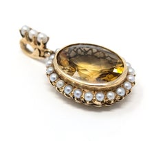 Vintage 14k Citrine Pearl Pendant for Necklace Oval Fine Solid Yellow Gold