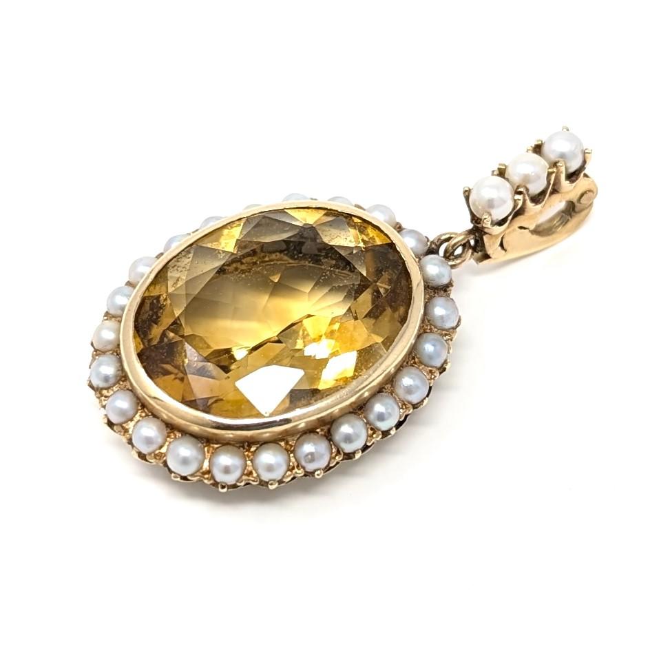 Oval Cut Vintage 14k Citrine Pearl Pendant for Necklace Oval Fine Solid Yellow Gold For Sale
