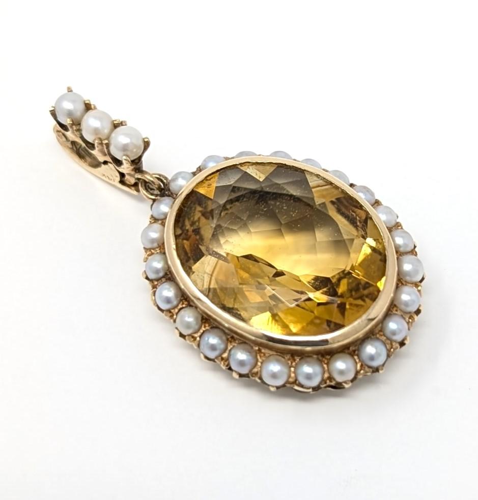 Vintage 14k Citrine Pearl Pendant for Necklace Oval Fine Solid Yellow Gold In Good Condition For Sale In Greer, SC