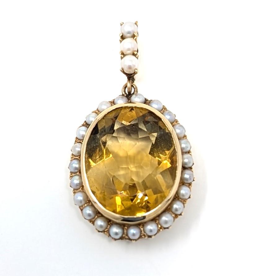 Women's Vintage 14k Citrine Pearl Pendant for Necklace Oval Fine Solid Yellow Gold For Sale