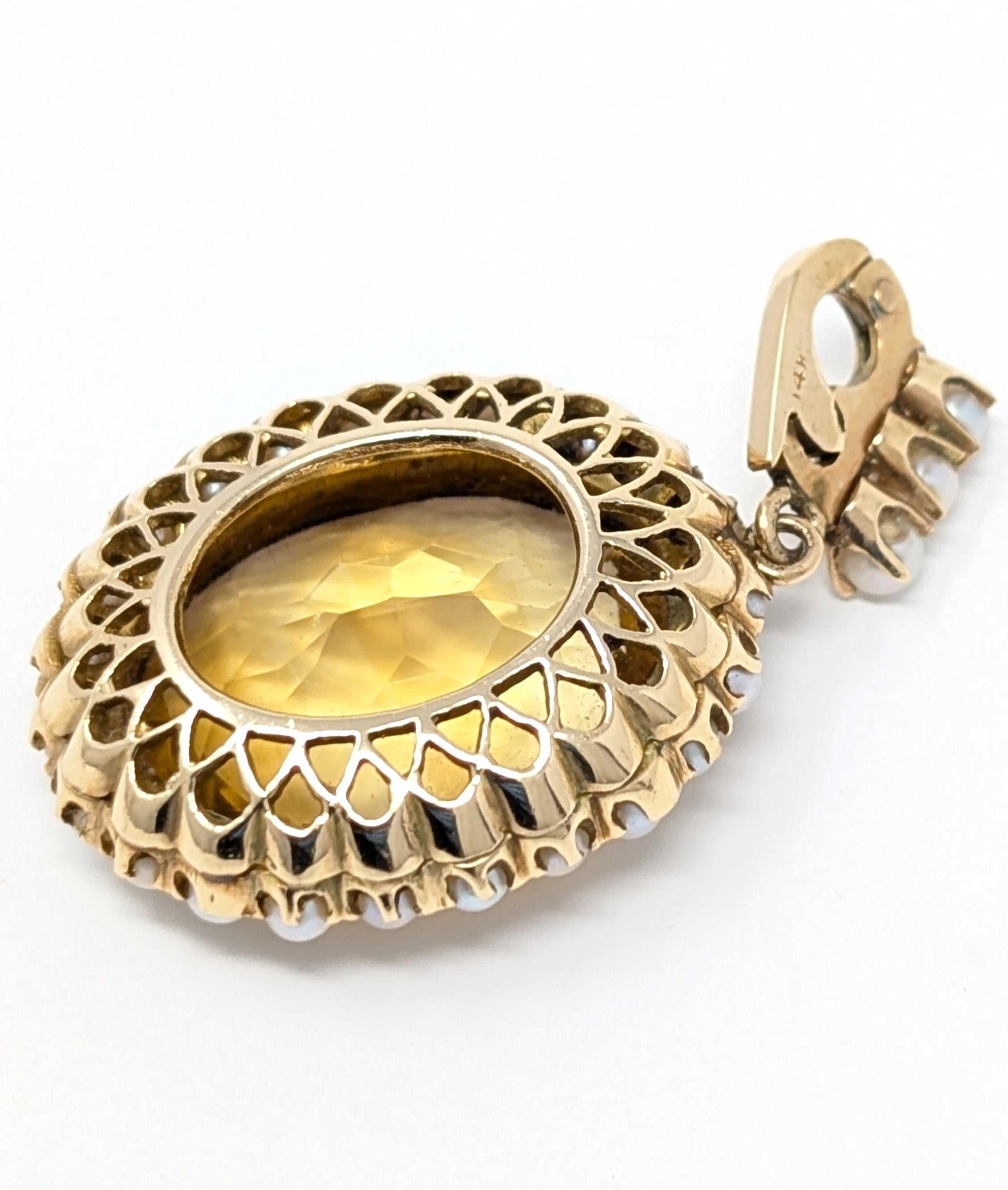 Vintage 14k Citrine Pearl Pendant for Necklace Oval Fine Solid Yellow Gold For Sale 2