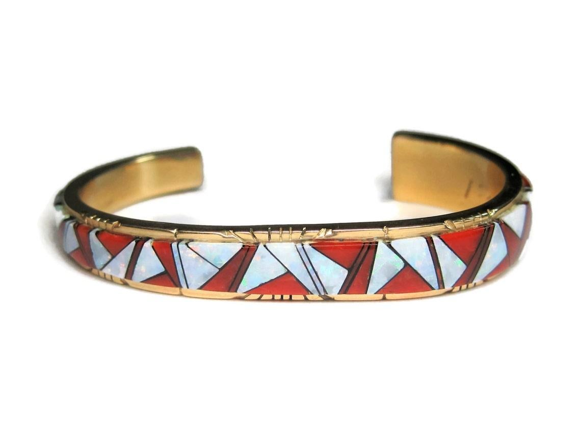 Vintage 14K Coral and Opal Inlay Cuff Bracelet For Sale 4