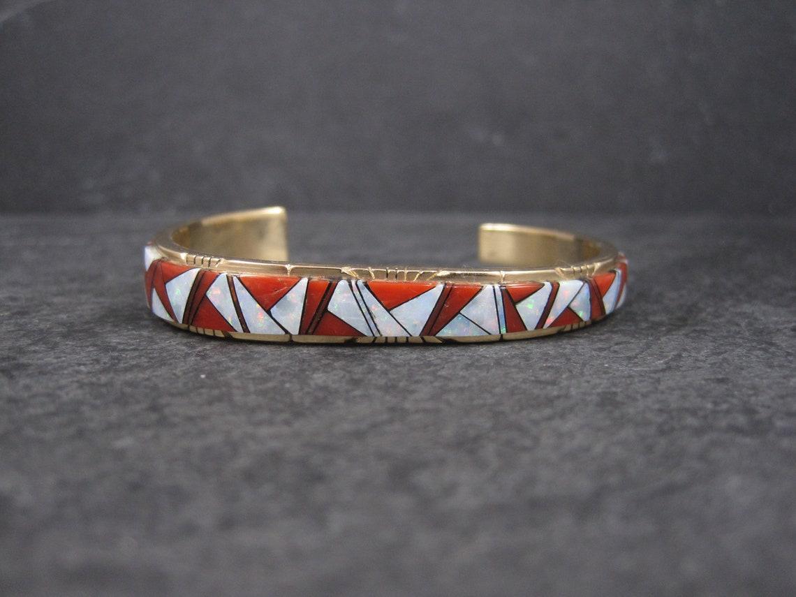 Vintage 14K Coral and Opal Inlay Cuff Bracelet For Sale 5