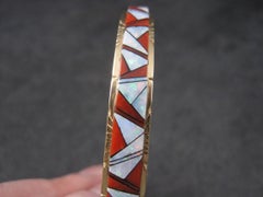 Vintage 14K Coral and Opal Inlay Cuff Bracelet