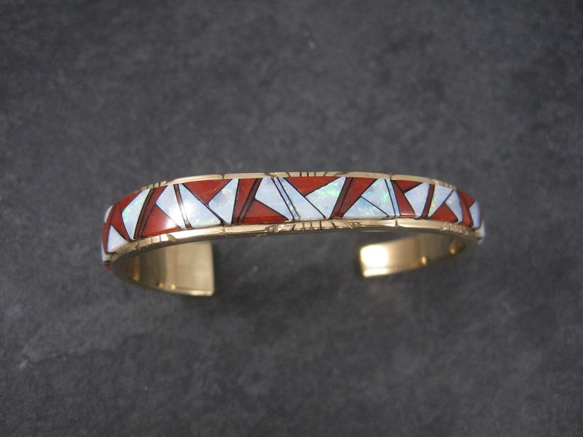 Native American Vintage 14K Coral and Opal Inlay Cuff Bracelet For Sale