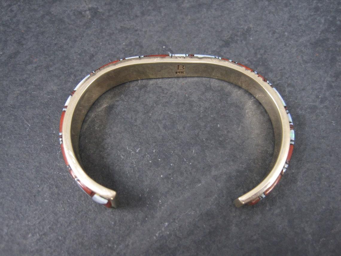 Mixed Cut Vintage 14K Coral and Opal Inlay Cuff Bracelet For Sale