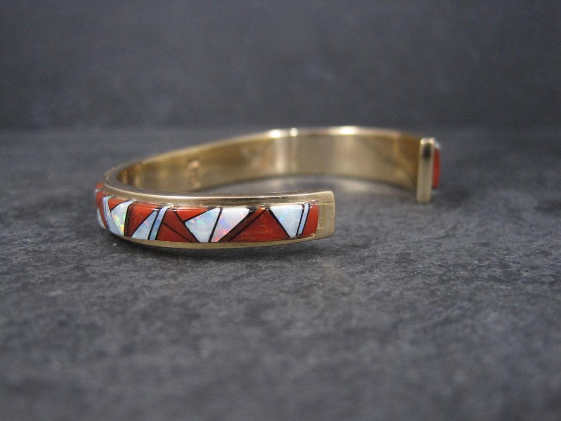 Women's Vintage 14K Coral and Opal Inlay Cuff Bracelet For Sale