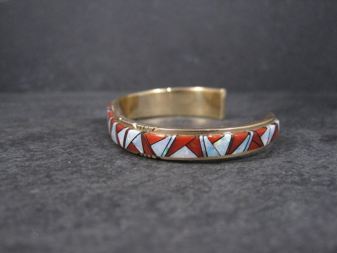Vintage 14K Coral and Opal Inlay Cuff Bracelet For Sale 1