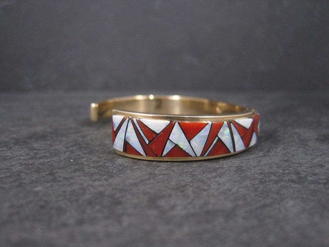 Vintage 14K Coral and Opal Inlay Cuff Bracelet For Sale 2