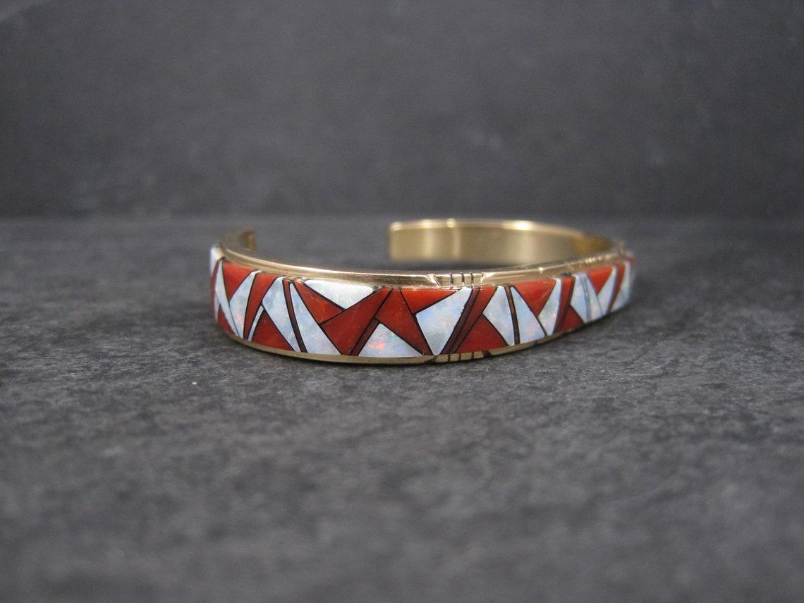 Vintage 14K Coral and Opal Inlay Cuff Bracelet For Sale 3