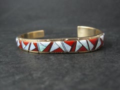 Vintage Native American 14K Yellow Gold Coral and Opal Inlay Cuff Bracelet 5.75"