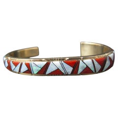 Vintage Native American 14K Yellow Gold Coral and Opal Inlay Cuff Bracelet 5.75"