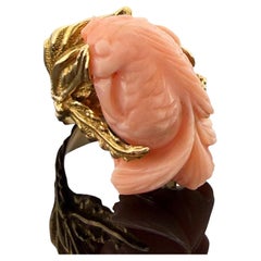Vintage 14K Coral Fish Ring Yellow Gold Carved Coral Estate Ring 11.9 Grams