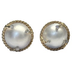 Vintage 14K Cultured Mabe Pearl & Diamond Earrings