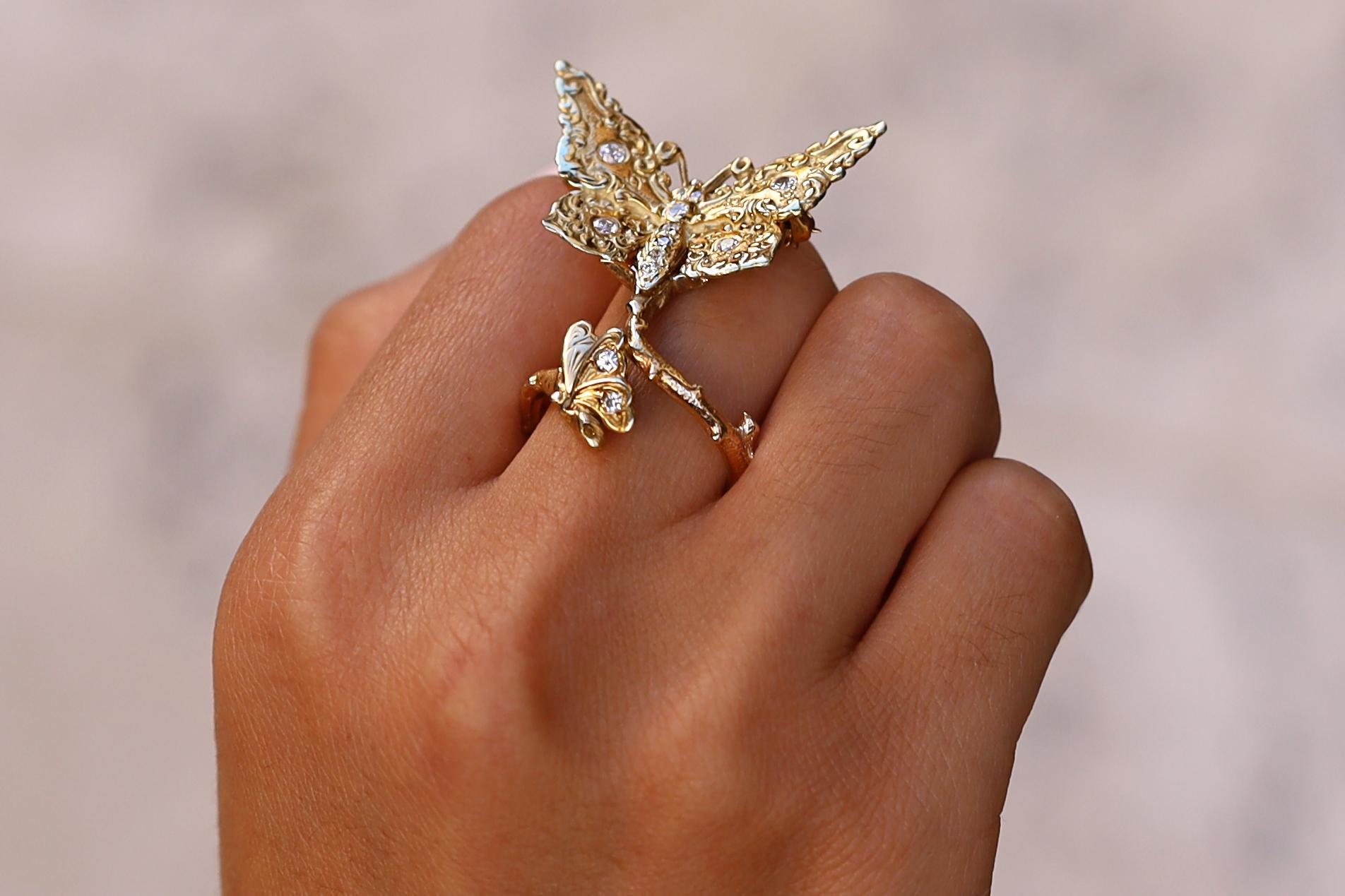 The perfect vintage accessory for those with a love of nature and whimsical creatures. Sustainable and earth friendly, this one of a kind butterfly jewel can easily be converted from a sweet ring into playful pin. Lovingly crafted with 14k yellow