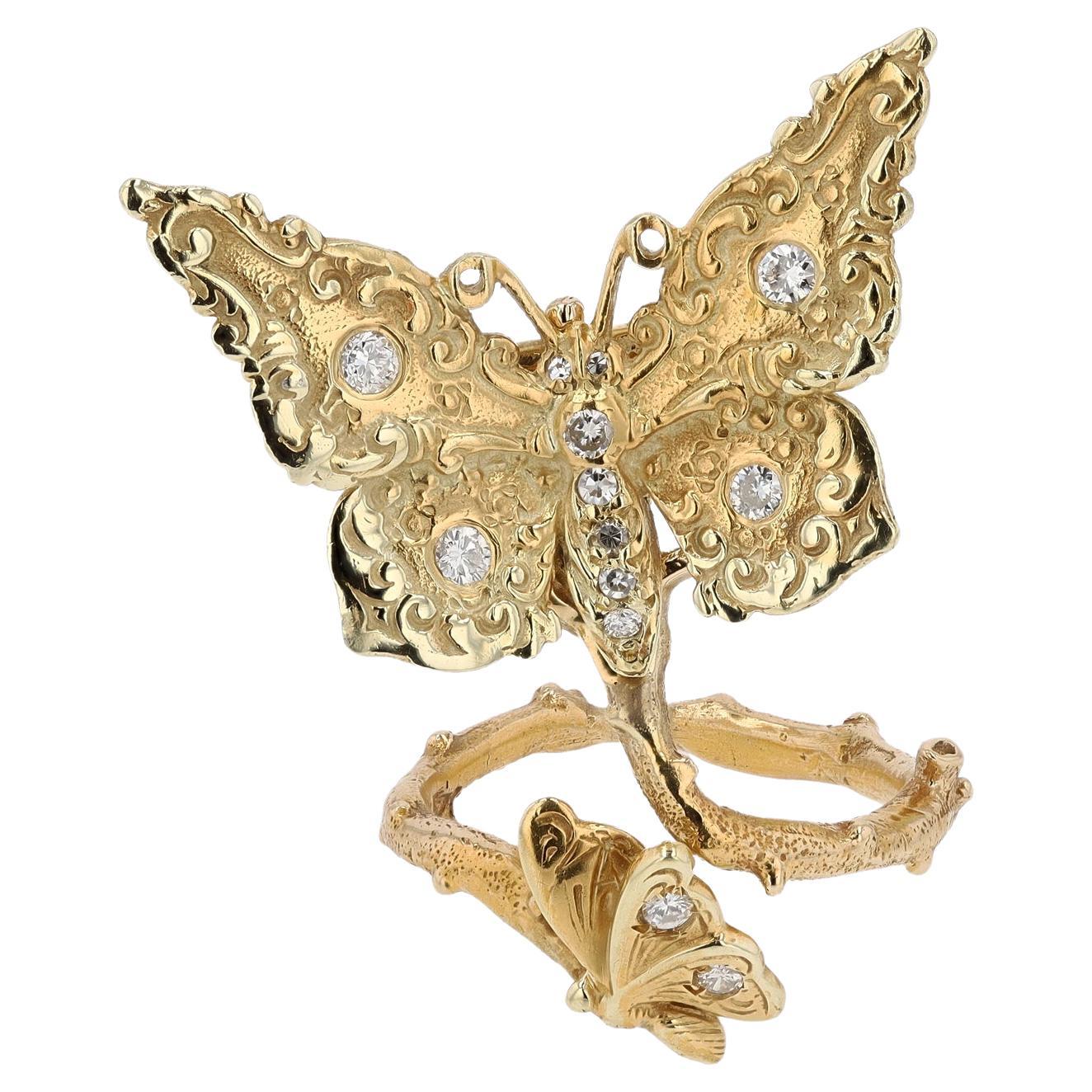 Vintage 14k & Diamond Butterfly Ring with Pin Conversion For Sale