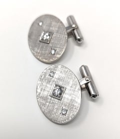 Vintage 14k Diamond Cufflinks Solid White Gold Oval Modernist Design Cuff Links