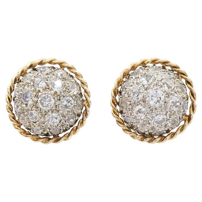 Vintage 14k Diamond Pavé Dome Stud Earrings Rope Edge For Sale