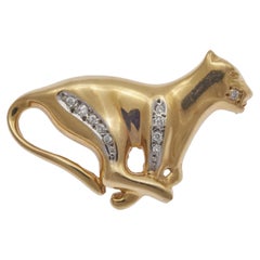 Alfiler vintage de oro amarillo con diamantes de 14 quilates Broche de pantera corredora, gato leopardo jaguar