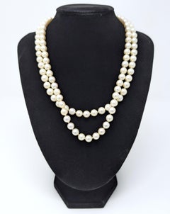 Vintage 14k Double Strand Akoya Pearl Necklace with Diamonds Solid White Gold