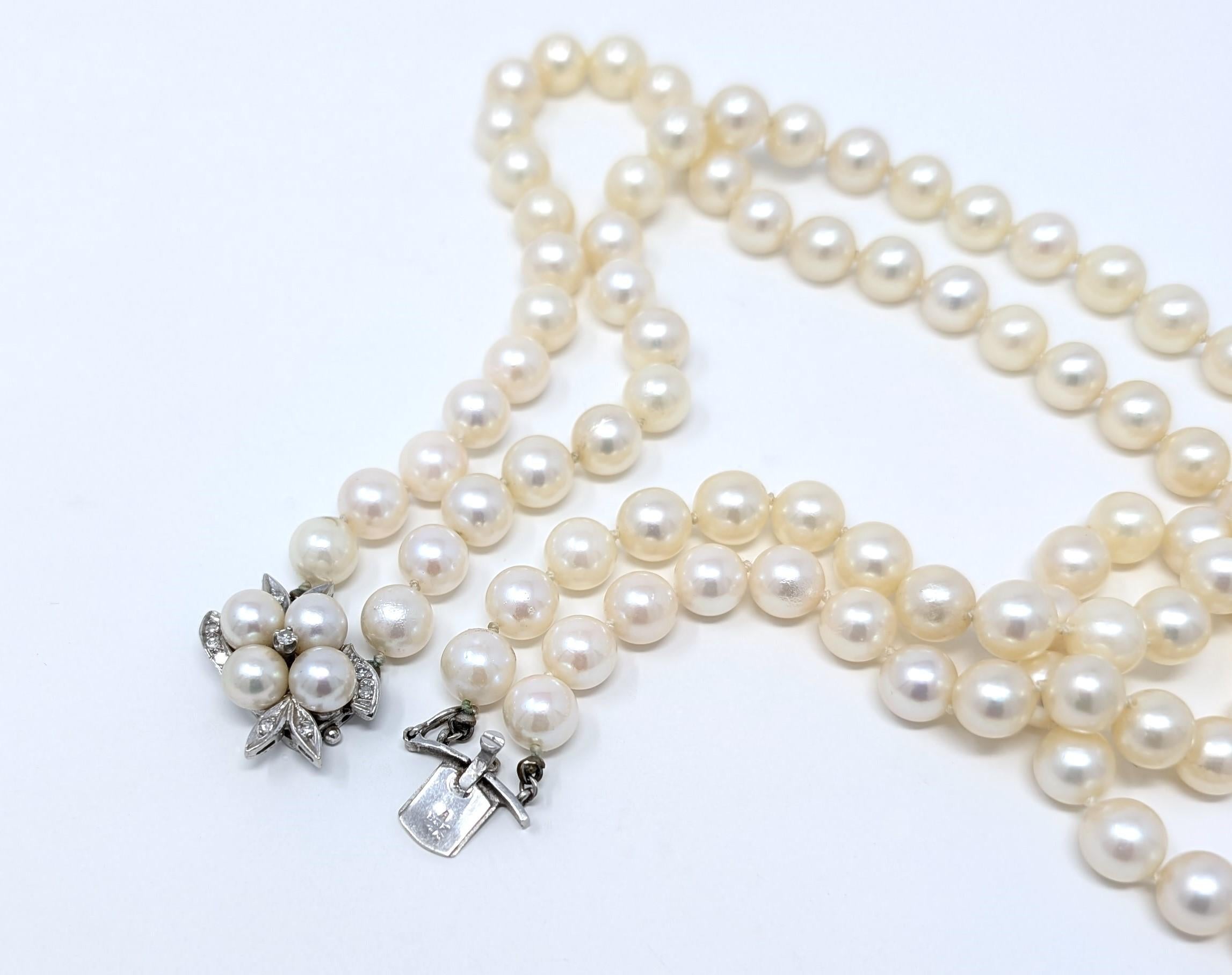 Vintage 14k Double Strand Akoya Perlenkette mit Diamanten massivem Weißgold im Angebot 3