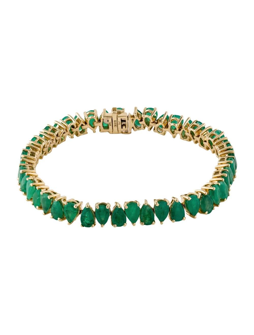 Indulge in the enchanting allure of this exquisite 14K Yellow Gold Emerald Bracelet, featuring a captivating array of Mixed Cut and Pear Shaped Emeralds totaling 15.10 carats. Meticulously crafted with precision and care, this bracelet exudes