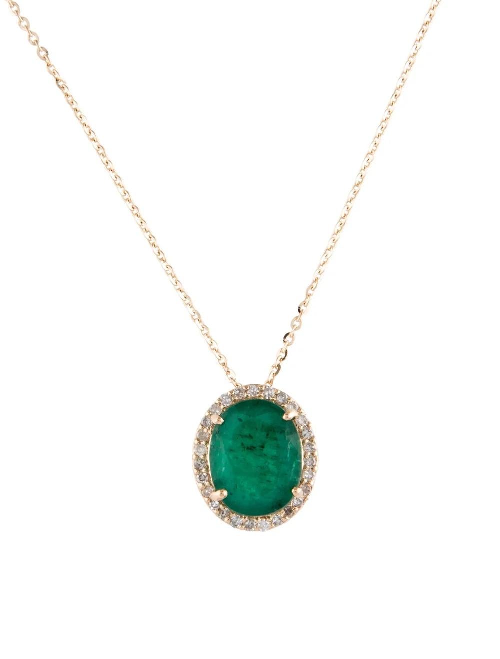 Elevate your style with this stunning 14K yellow gold pendant necklace, adorned with a captivating 1.982 carat oval brilliant emerald and 0.14 carats of dazzling single-cut diamonds. Crafted to perfection, this exquisite piece exudes sophistication