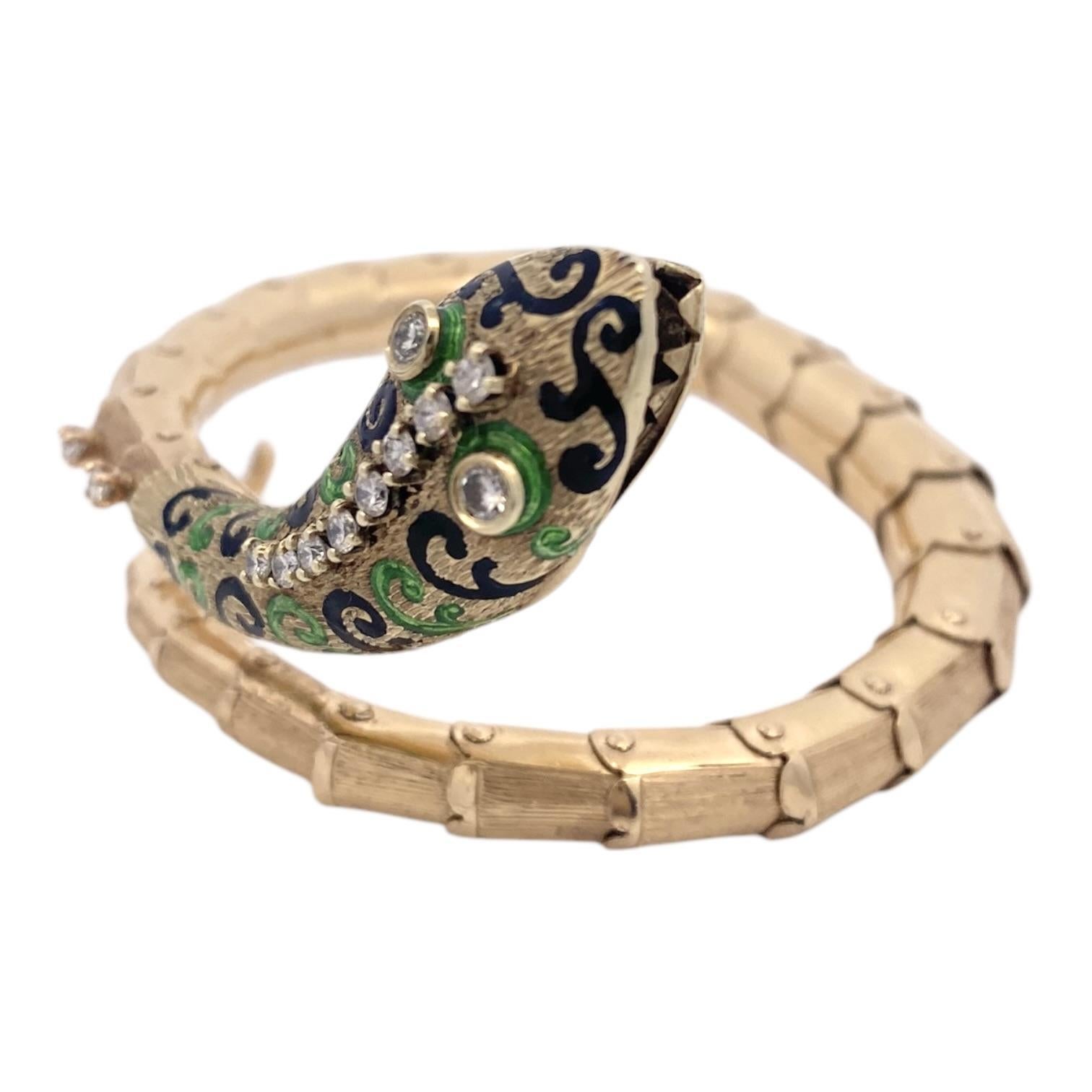 Art Nouveau Bracciale a serpente articolato con smalto e diamanti d'epoca 14K in vendita