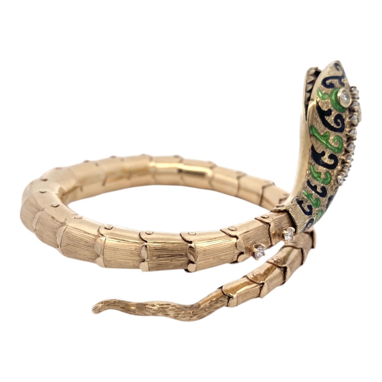 Bracciale a serpente articolato con smalto e diamanti d'epoca 14K in vendita 3
