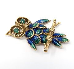 Vintage 14k Enamel Owl Brooch Pin Figural Solid Yellow Gold Fine Estate Jewelry
