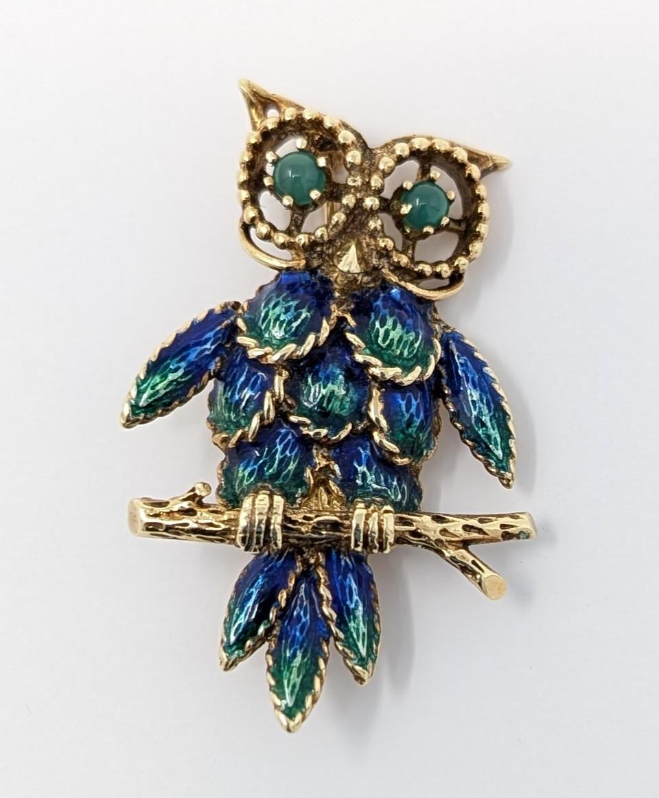 Vintage 14k Enamel Owl Brooch Pin Figural Solid Yellow Gold Fine Estate Jewelry In Good Condition For Sale In Greer, SC