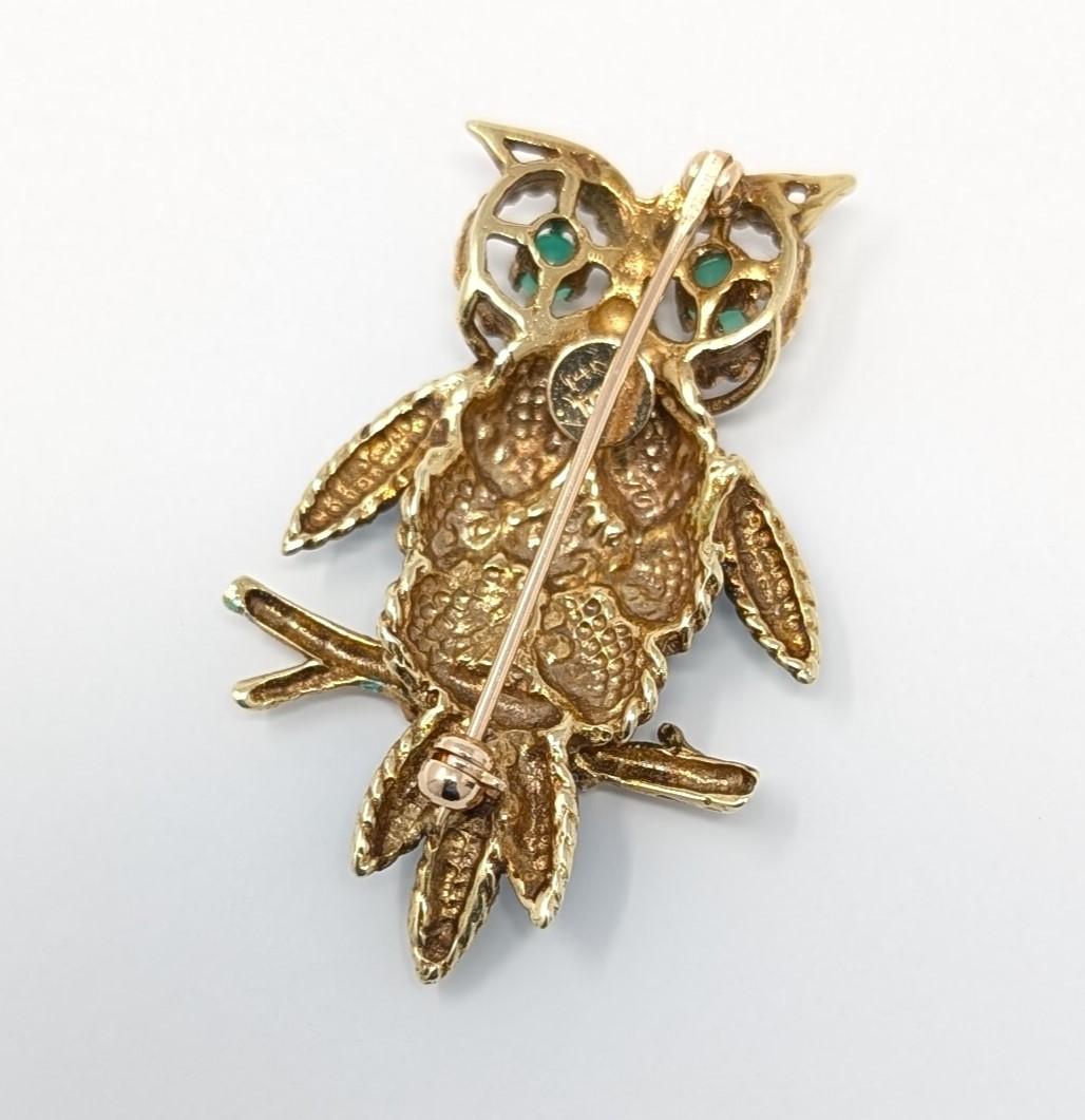 Vintage 14k Enamel Owl Brooch Pin Figural Solid Yellow Gold Fine Estate Jewelry For Sale 1