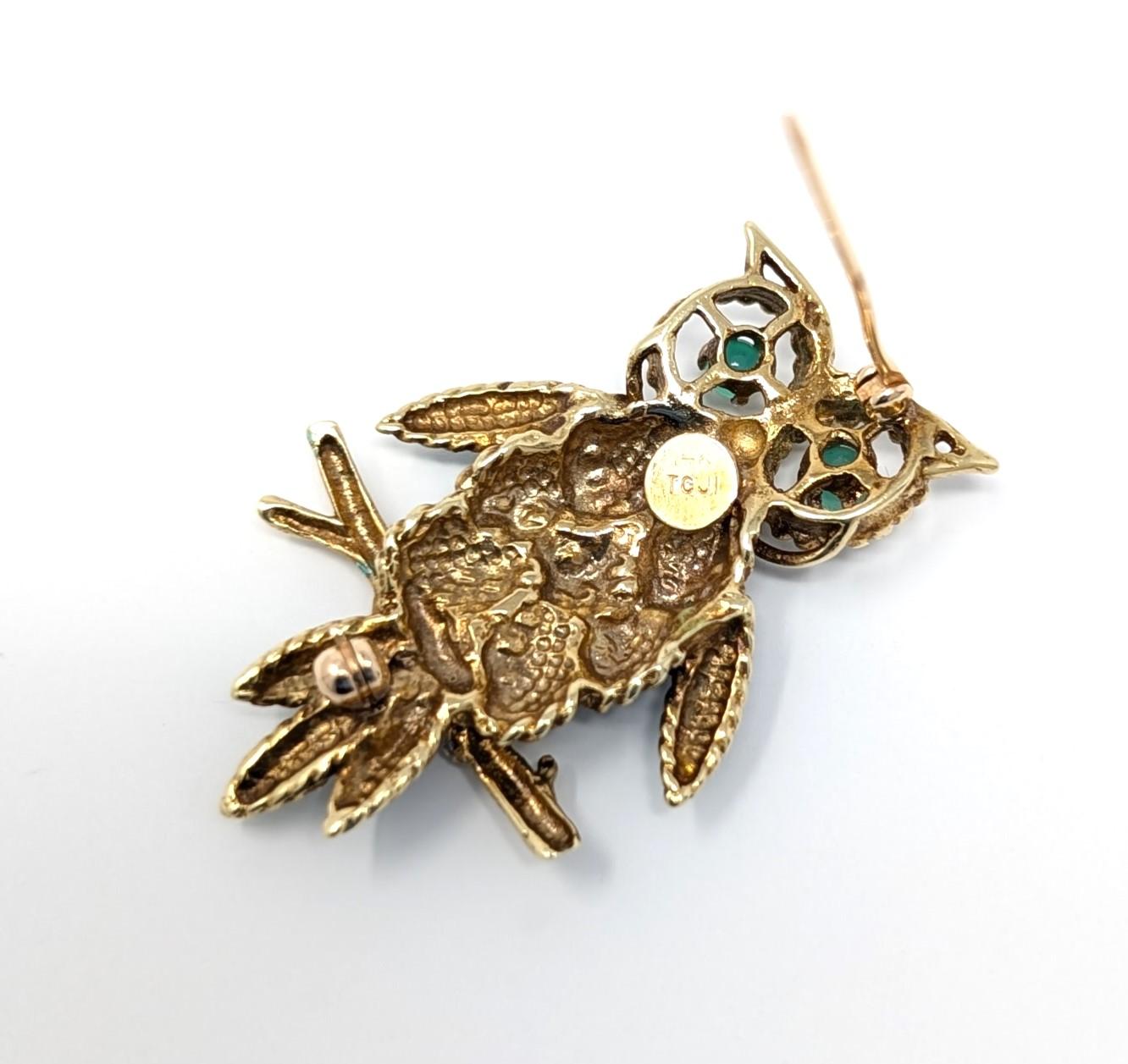 Vintage 14k Enamel Owl Brooch Pin Figural Solid Yellow Gold Fine Estate Jewelry For Sale 2