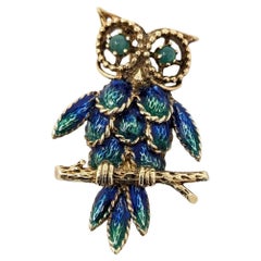 Vintage 14k Enamel Owl Brooch Pin Figural Solid Yellow Gold Fine Estate Jewelry