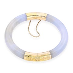 Vintage 14k Engraved Yellow Gold GIA Type A Jade Grayish Blue Bangle Bracelet