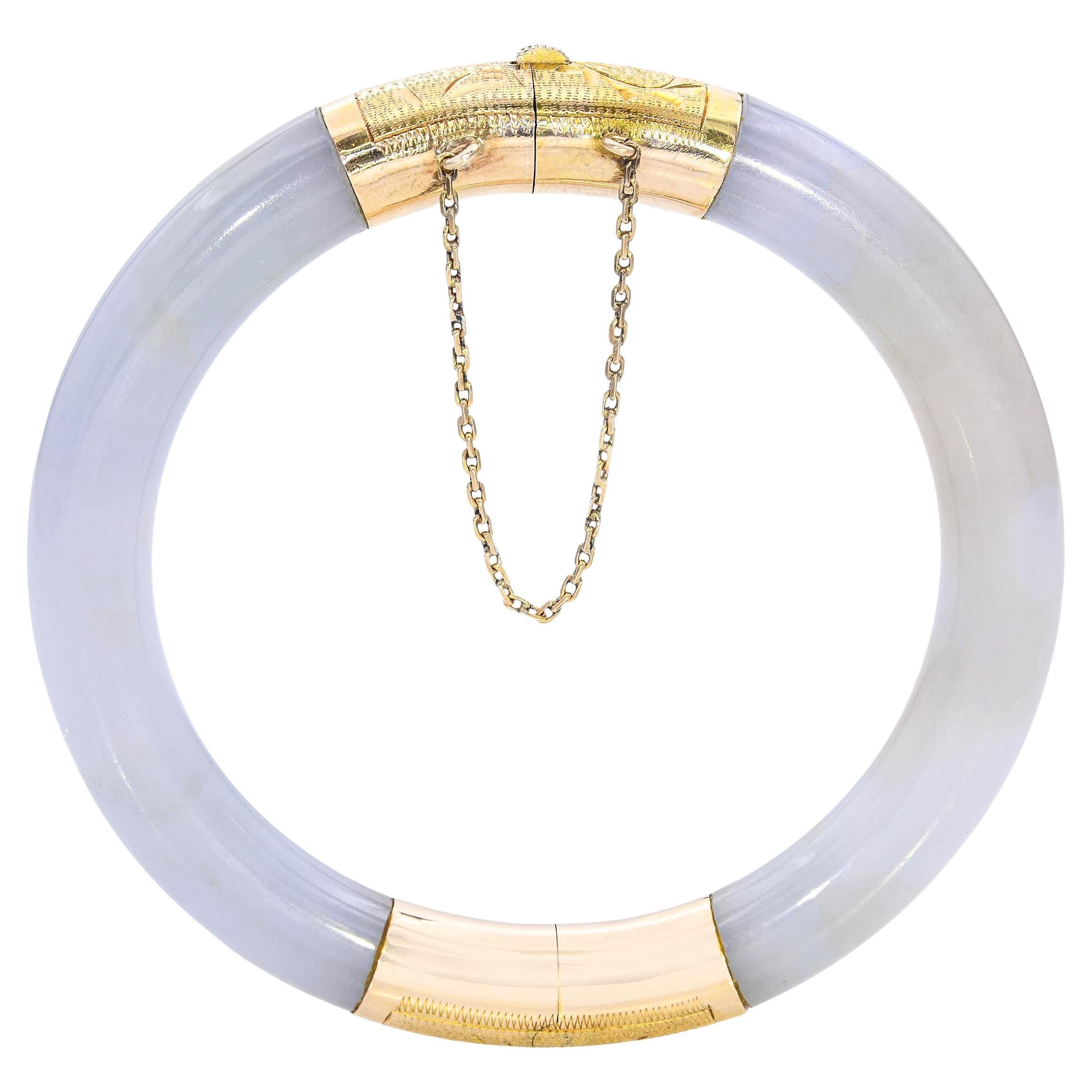 Vintage 14k Engraved Yellow Gold GIA Type A Jade Grayish Blue Bangle Bracelet