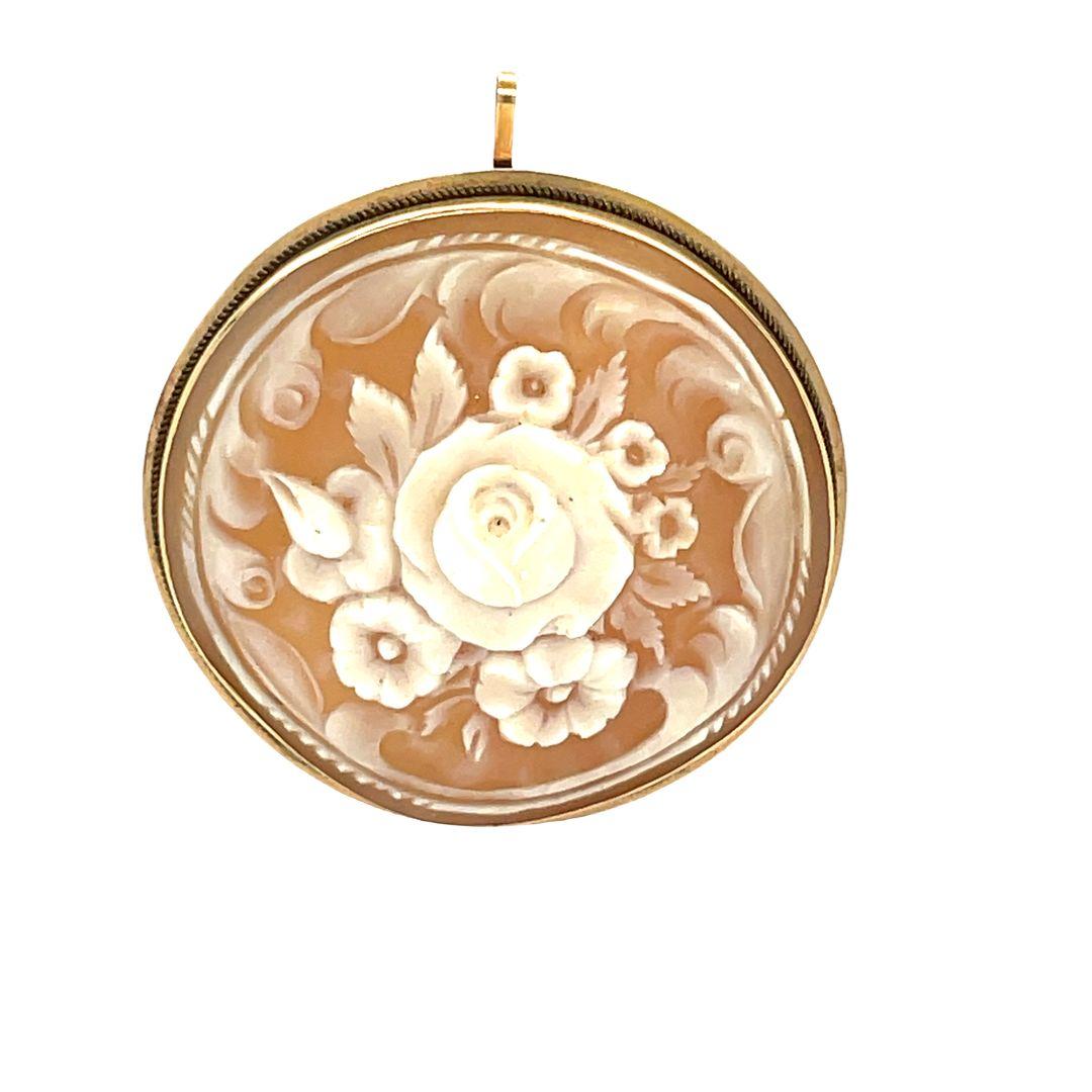 Vintage 14K Floral Cameo Round Brooch/Pendant For Sale 2