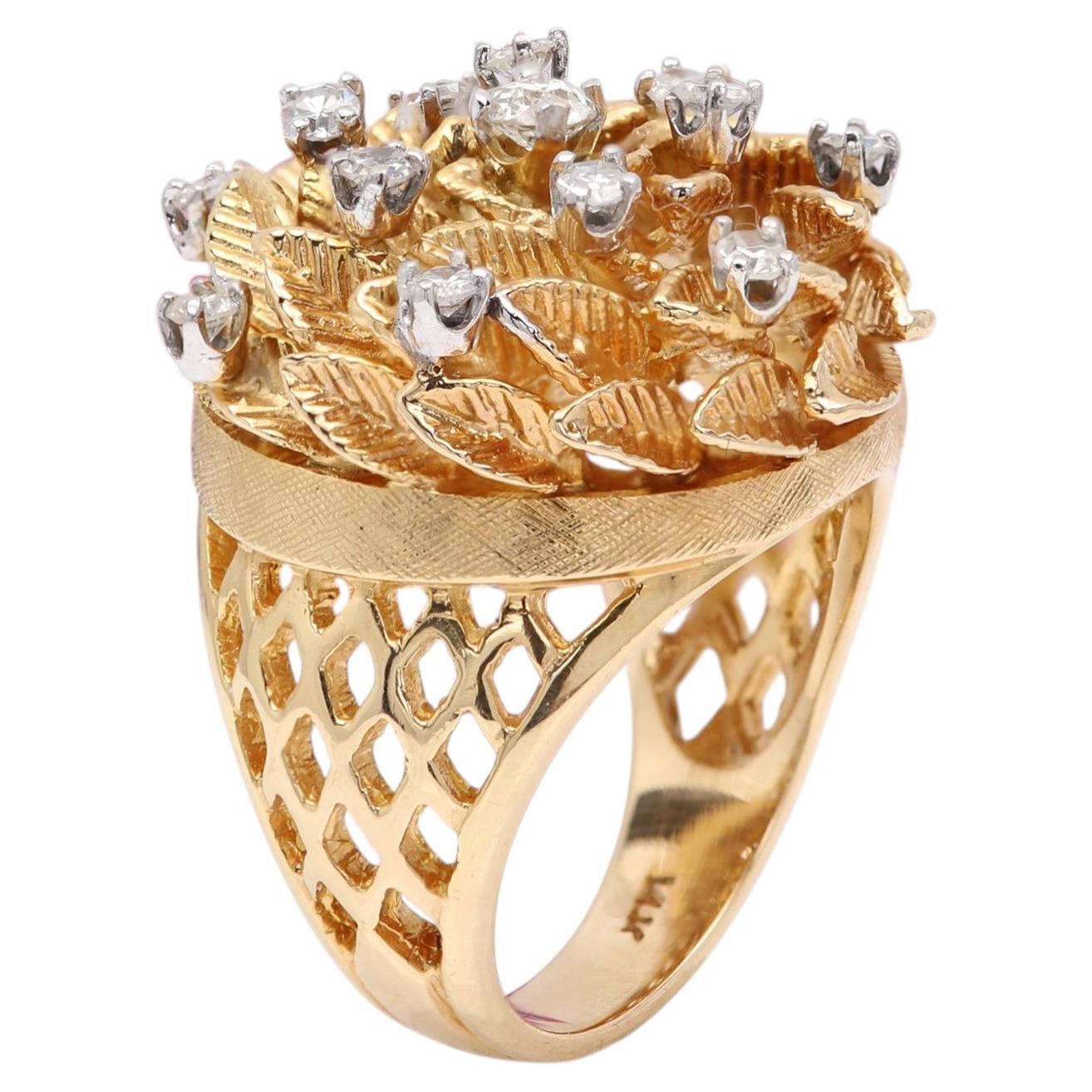 Pre-owned Charles Krypell Vintage 14k Flower Diamond Ring Natural Diamonds Solid Rose Gold  In Red