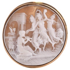 Vintage 14k G. Noto Shell Cameo "Orpheus playing for 3 Graces" Brooch