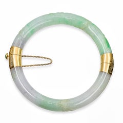 Vintage 14k GIA Graded Type A Jadeite Jade Mottled Green Carved Bamboo Bracelet