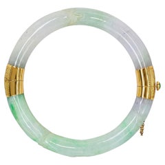 Vintage 14k GIA Graded Type A Jadeite Jade Mottled Green Carved Bamboo Bracelet
