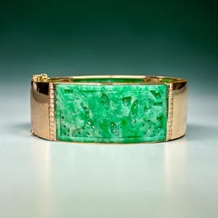 Vintage 14K GIA Type A Jadeite Carved Panel & Diamond Wide Cuff Bracelet
