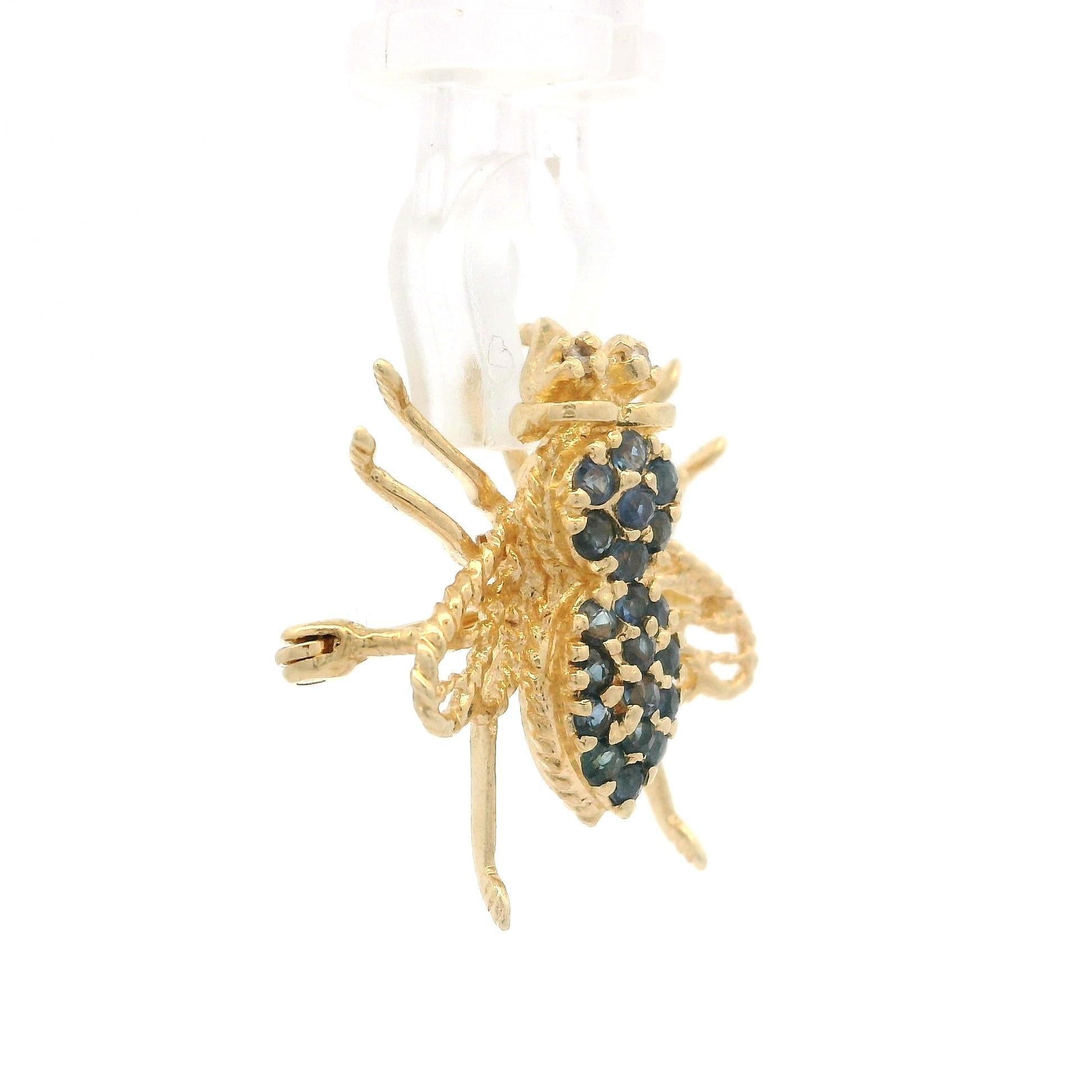 Vintage 14k Gold 0.40ctw Sapphire Open Work Bee Fly Insect Pin Brooch Pendant In Excellent Condition For Sale In Montclair, NJ