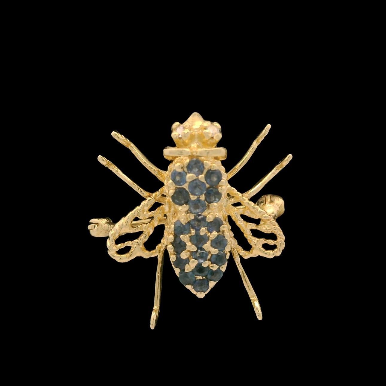 Women's Vintage 14k Gold 0.40ctw Sapphire Open Work Bee Fly Insect Pin Brooch Pendant For Sale