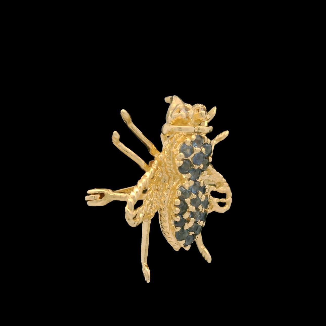 Vintage 14k Gold 0.40ctw Sapphire Open Work Bee Fly Insect Pin Brooch Pendant For Sale 1